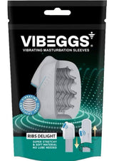 VIBEGGS Vibrating Masturbation Sleeves Ribs Delight packaging showcasing super stretchy and soft material with unique textured design.
