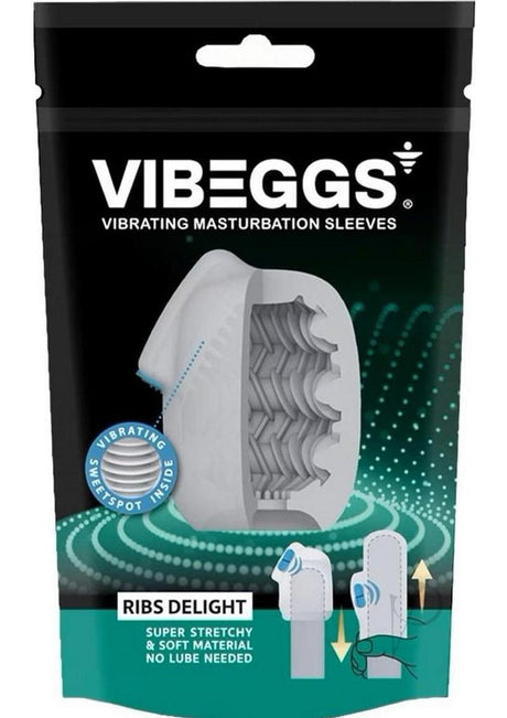 VIBEGGS Vibrating Masturbation Sleeves Ribs Delight packaging showcasing super stretchy and soft material with unique textured design.