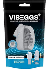 VIBEGGS Vibrating Masturbation Sleeves Twisty Tongues packaging showcasing the internal vibrating design and soft material.