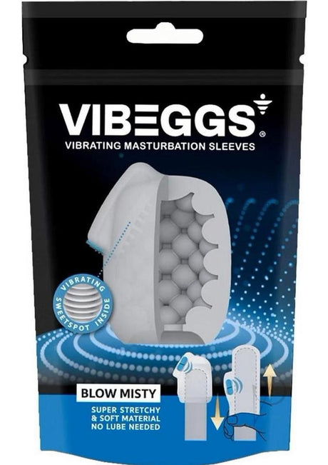 VIBEGGS Vibrating Masturbation Sleeves Blow Misty packaging featuring a soft, stretchy design with vibrating internal texture.