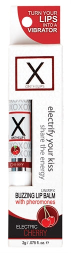 X on the Lips Pheromone Balm Electric Cherry 0.75 Oz packaging with vibrant design and key features highlighted.