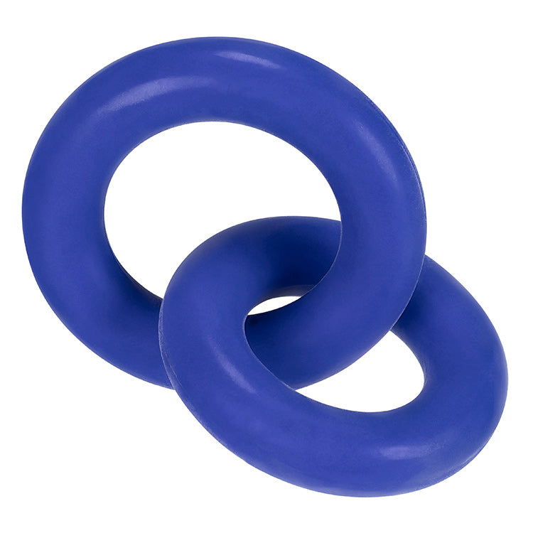 Hunky Junk Duo Linked Cock and Ball Rings Cobalt in a chain-link style design showcasing two interlocked rings.