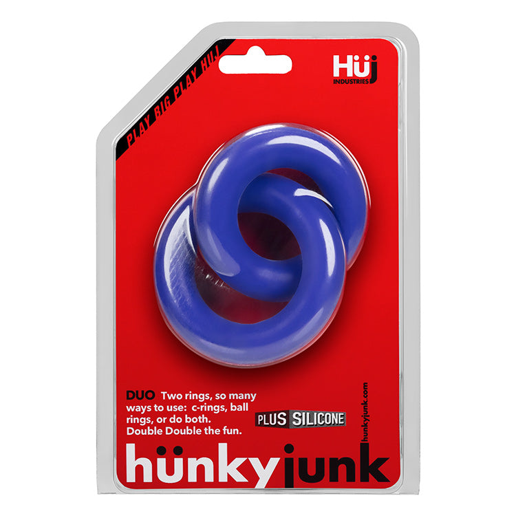 Hunky Junk Duo Linked Cock and Ball Rings Cobalt in packaging showcasing double ring design for enhanced support.