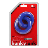 Hunky Junk Duo Linked Cock and Ball Rings Cobalt in packaging showcasing double ring design for enhanced support.