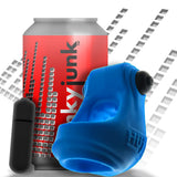 Oxballs Revsling Vibrating Cock Sling Teal Ice next to a can and vibe, showcasing its unique design and color.