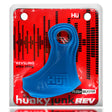 Oxballs Revsling Vibrating Cock Sling Teal Ice showcasing a vibrant blue design on a red background.