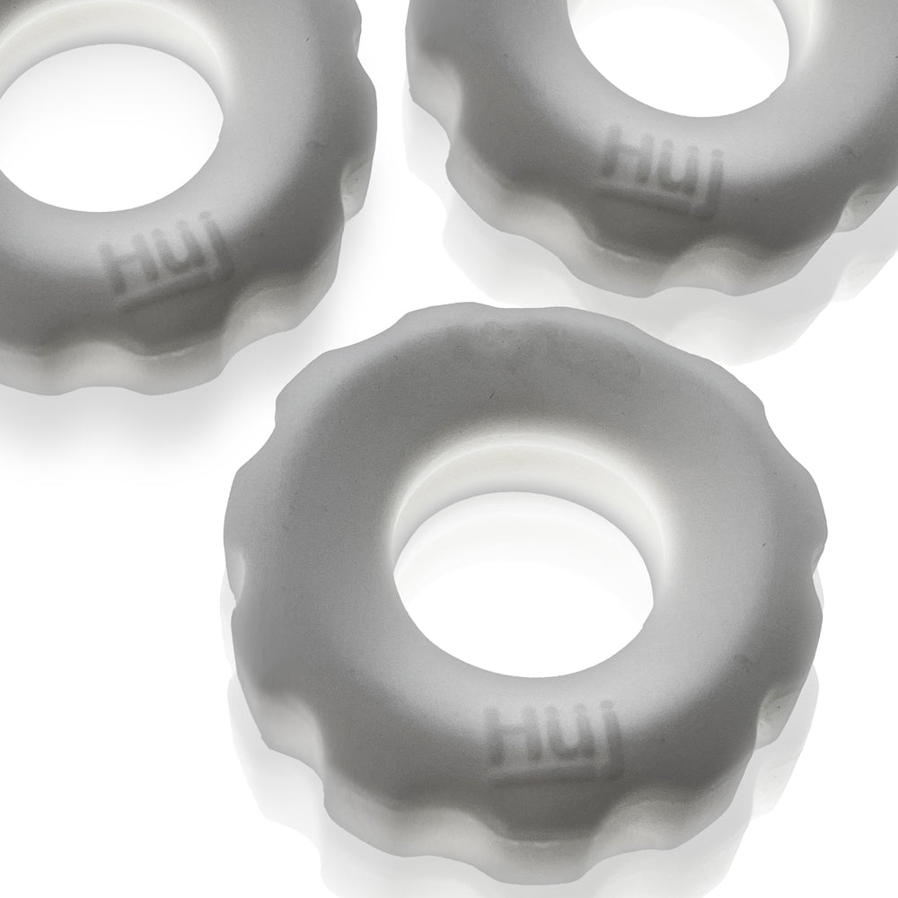Oxballs Super Huj 3-Pack Cock Rings White Ice featuring three stretchy, comfortable rings for enhanced performance.