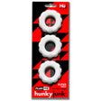 Oxballs Super Huj 3-Pack Cock Rings White Ice packaged with three stretchy rings for enhanced comfort and performance.
