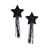 Pastease Black Sparkle Star Tassel Nipple Pasties with shiny black star shapes and long fringe.