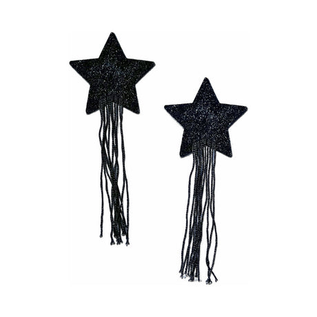 Pastease Black Sparkle Star Tassel Nipple Pasties with shiny black star shapes and long fringe.