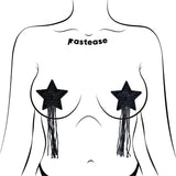 Pastease Black Sparkle Star Tassel Nipple Pasties on a model, showcasing glittery black star shape and long fringe.