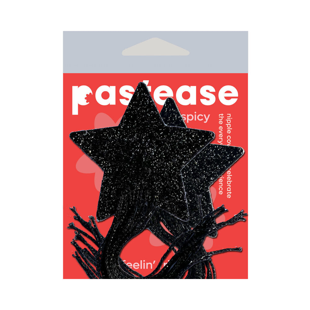 Pastease Black Sparkle Star Tassel Nipple Pasties in glittery black star shape with tassels on vibrant red packaging.