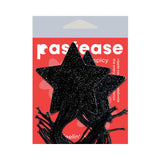 Pastease Black Sparkle Star Tassel Nipple Pasties in glittery black star shape with tassels on vibrant red packaging.