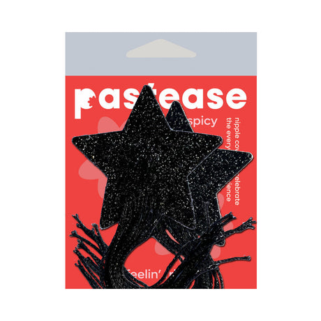 Pastease Black Sparkle Star Tassel Nipple Pasties in glittery black star shape with tassels on vibrant red packaging.