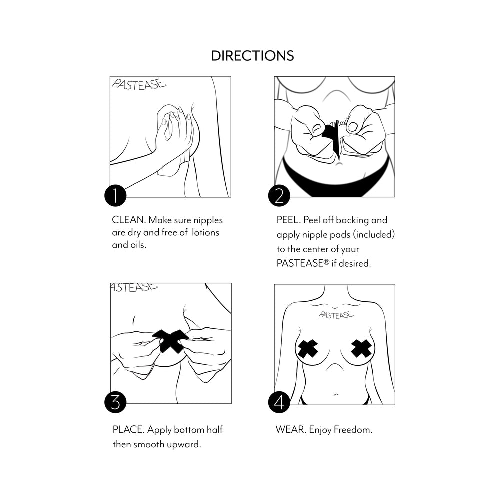 Directions for using Pastease Black Sparkle Star Tassel Nipple Pasties, including cleaning, peeling, placing, and wearing.