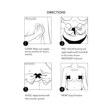 Directions for using Pastease Black Sparkle Star Tassel Nipple Pasties, including cleaning, peeling, placing, and wearing.