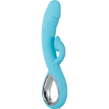 Triple Infinity Silicone Heated Rabbit Vibrator Aqua in aqua color with realistic shape and clitoral stimulation features.