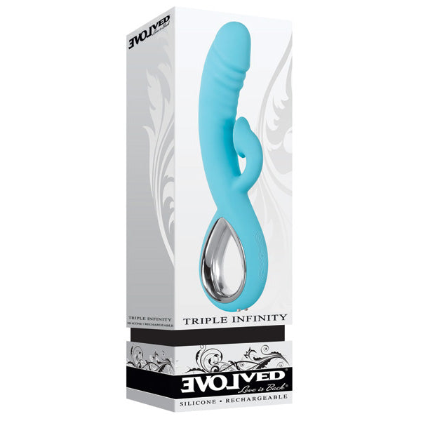 Triple Infinity Silicone Heated Rabbit Vibrator Aqua in aqua color packaging by Evolved Novelties.