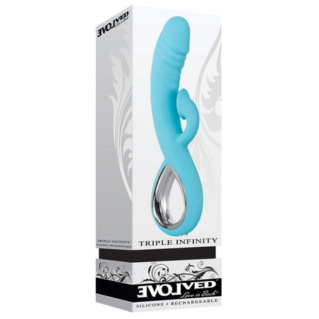 Triple Infinity Silicone Heated Rabbit Vibrator Aqua in aqua color packaging by Evolved Novelties.