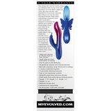 Evolved Firefly Dual Stim Rabbit Vibrator Blue packaging with description and details for enhanced pleasure and play.