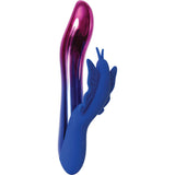Evolved Firefly Dual Stim Rabbit Vibrator Blue with multi-chrome finish and glowing butterfly attachment.