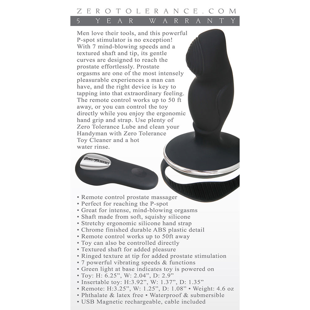 Zero Tolerance Handyman Remote Prostate Massager Black features a curved design for prostate stimulation and wireless control.