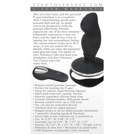 Zero Tolerance Handyman Remote Prostate Massager Black features a curved design for prostate stimulation and wireless control.