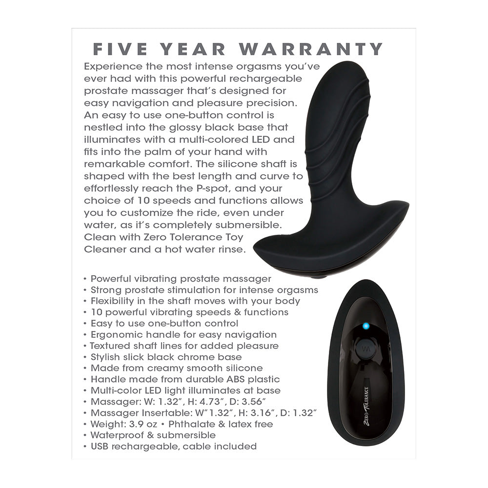 Zero Tolerance The Gentleman Prostate Massager Black with curved silicone shaft and multi-color LED base.