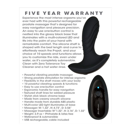 Zero Tolerance The Gentleman Prostate Massager Black with curved silicone shaft and multi-color LED base.