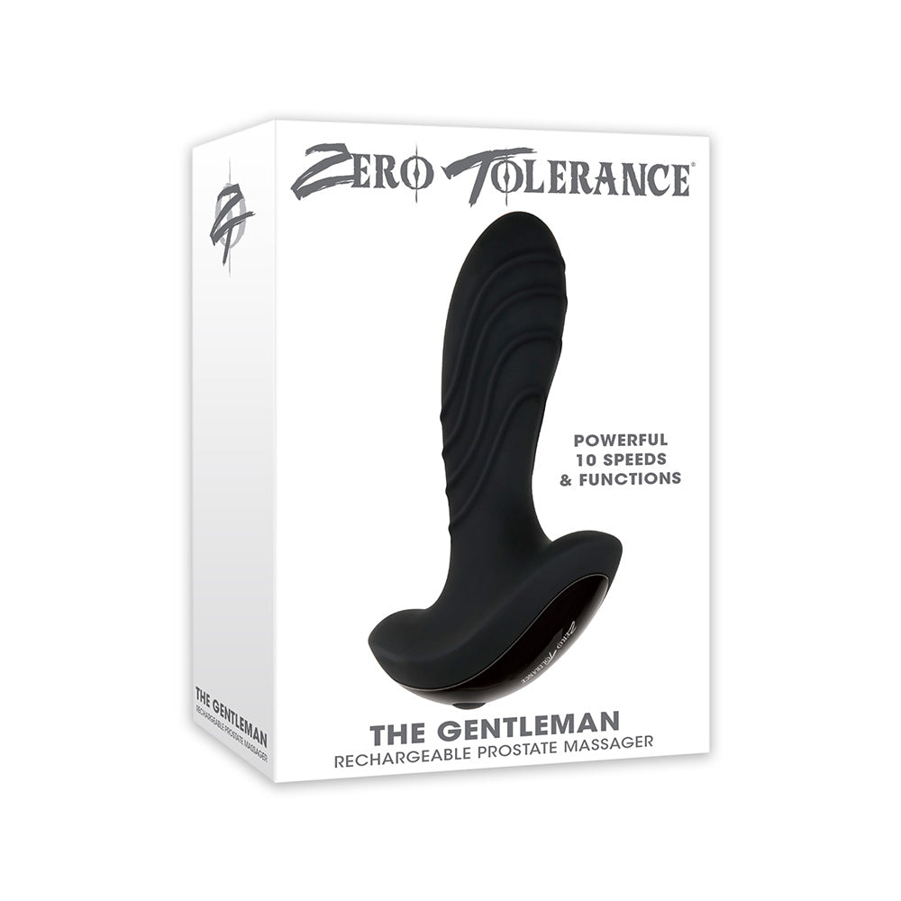 Zero Tolerance The Gentleman Prostate Massager Black packaging featuring 10 powerful speeds and functions.