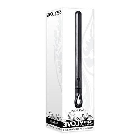 Evolved Pen Pal Stainless Steel Vibrator Black Chrome in elegant packaging for discreet pleasure.