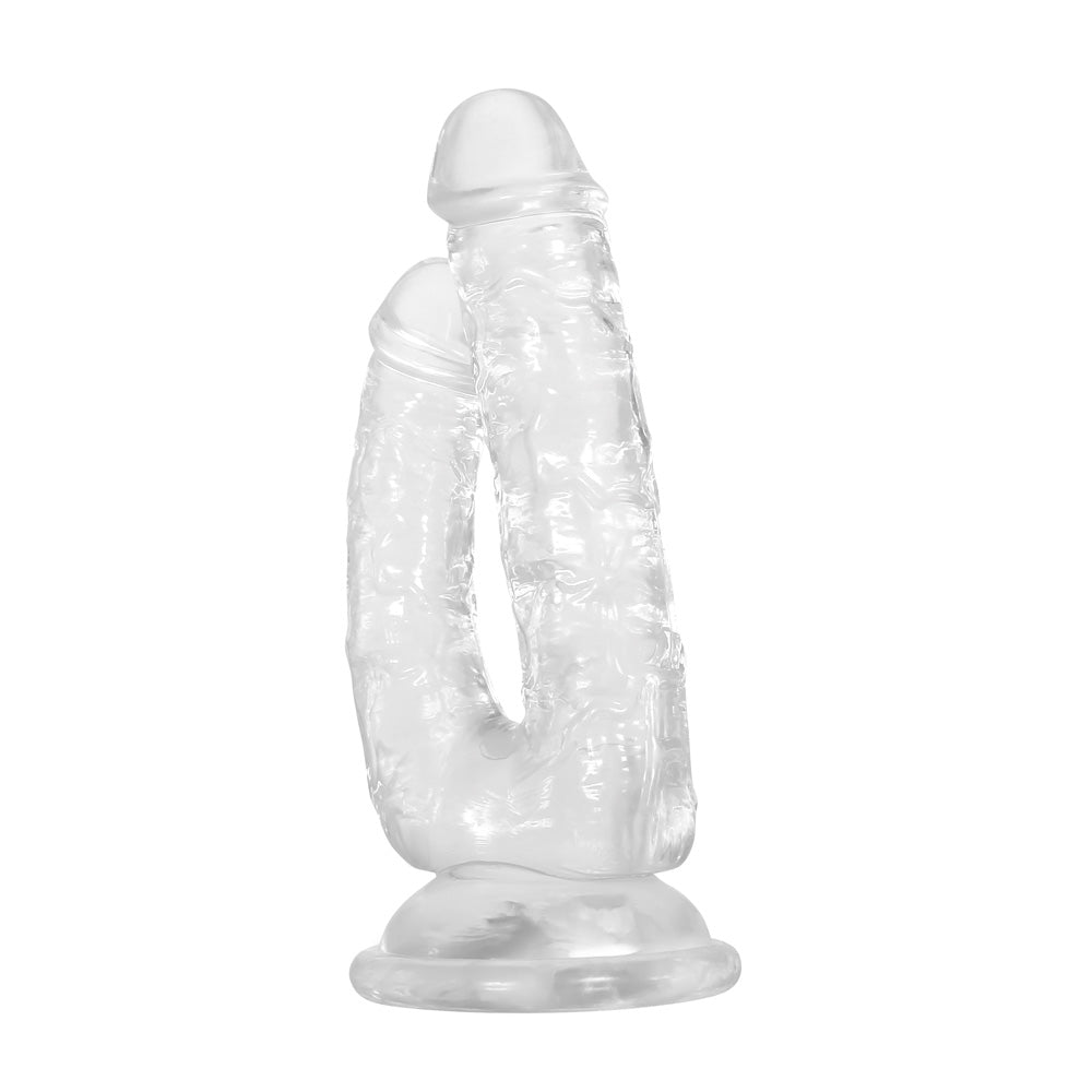 Gender X Dualistic Clear Double Shafted Dildo featuring two distinct shafts on a crystal-clear base.