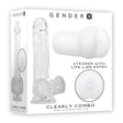 Gender X Clearly Combo Clear Dildo & Stroker Set packaging featuring a clear dildo and stroker with lifelike entry.