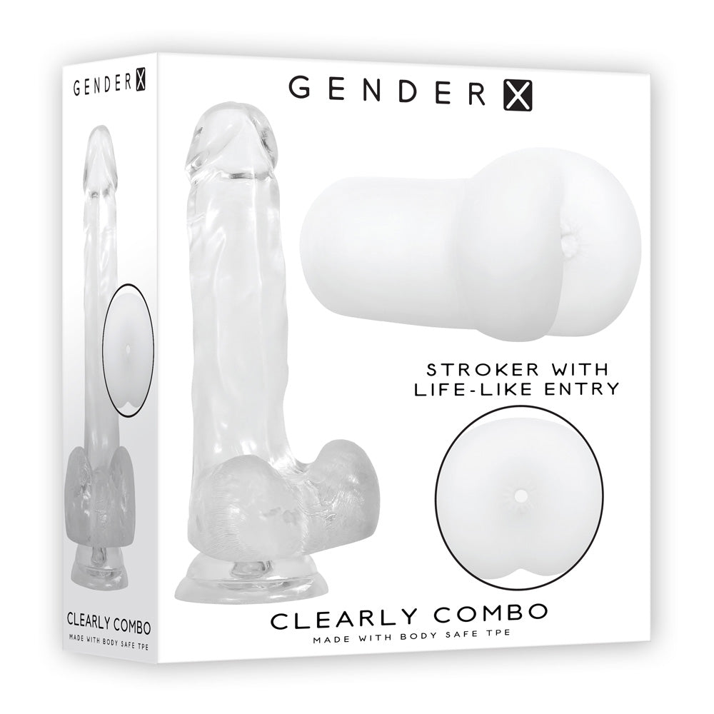 Gender X Clearly Combo Clear Dildo & Stroker Set packaging featuring a clear dildo and stroker with lifelike entry.