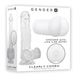 Gender X Clearly Combo Clear Dildo & Stroker Set packaging featuring a clear dildo and stroker with lifelike entry.