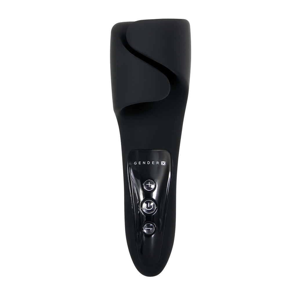 Gender X The Embrace Vibrating Cradle Black showing sleek black design and control buttons for enhanced stimulation.