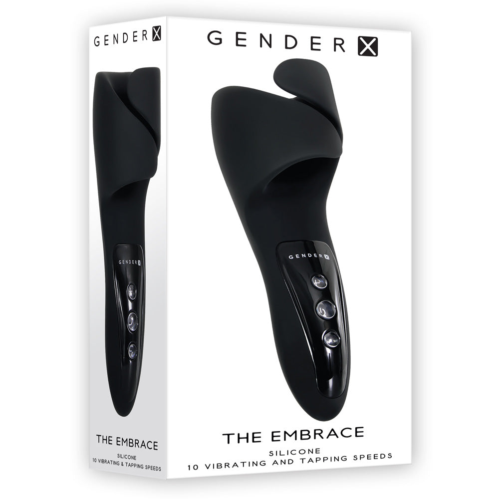 Gender X The Embrace Vibrating Cradle Black packaging showcasing its unique design and control features.