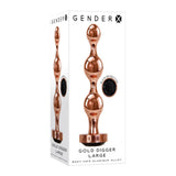 Gender X Gold Digger Large Metal Anal Plug packaging featuring sleek design and black gem bottom.