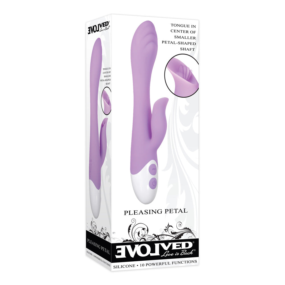 Evolved Pleasing Petal Pink Dual Stimulation Vibrator in sleek packaging showcasing its petal-shaped design and controls.