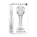 Gender X The Baller Glass Butt Plug Clear displayed in packaging, showcasing its sleek design and body-safe glass material.