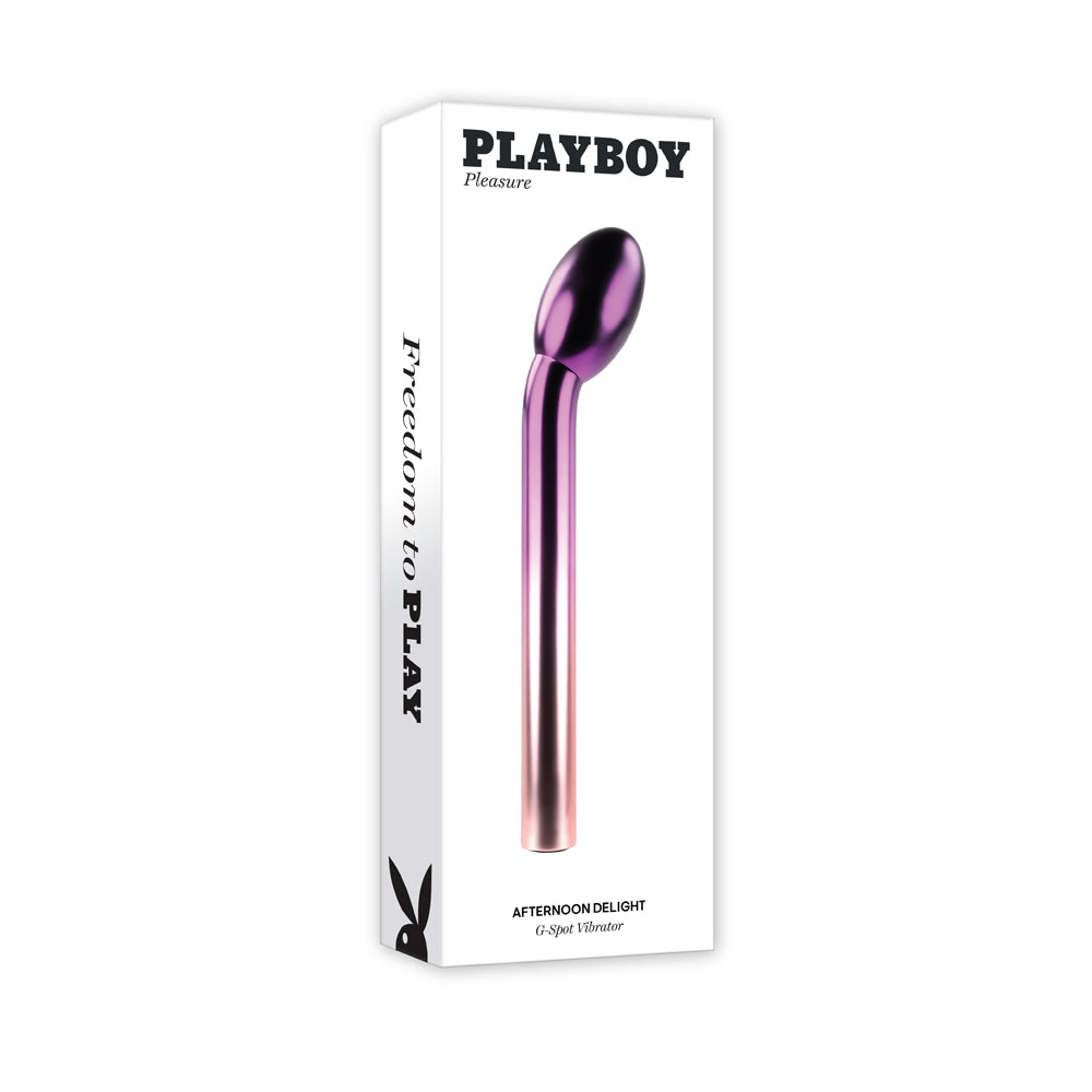 Playboy Pleasure Afternoon Delight G-Spot Vibrator packaging featuring a sleek design and vibrant colors.