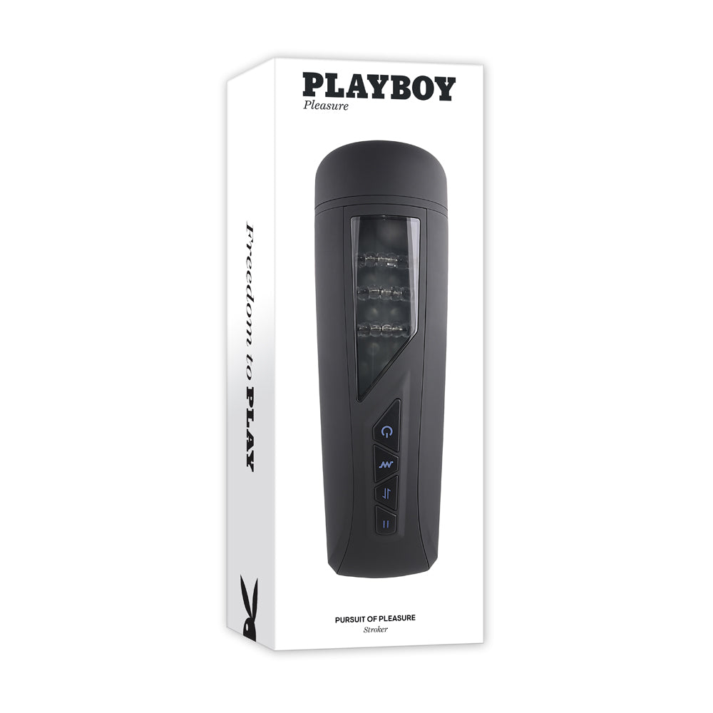 Playboy Pleasure Pursuit Of Pleasure Vibrating Stroker packaged in sleek black design with voyeur window and controls.