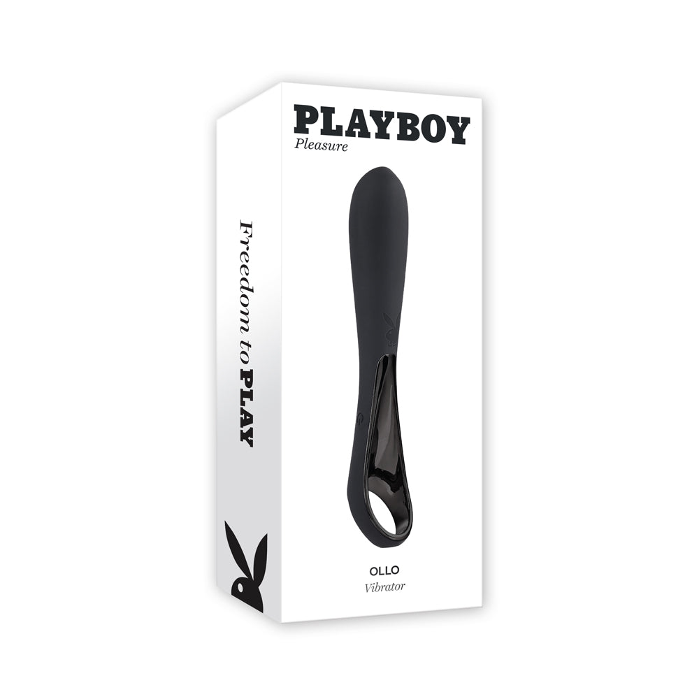 Playboy Pleasure Ollo Ring Finger Vibrator packaging featuring sleek design for targeted stimulation.