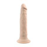 In Thrust We Trust Silicone Thrusting Dildo Vanilla with realistic texture and firm suction cup base.