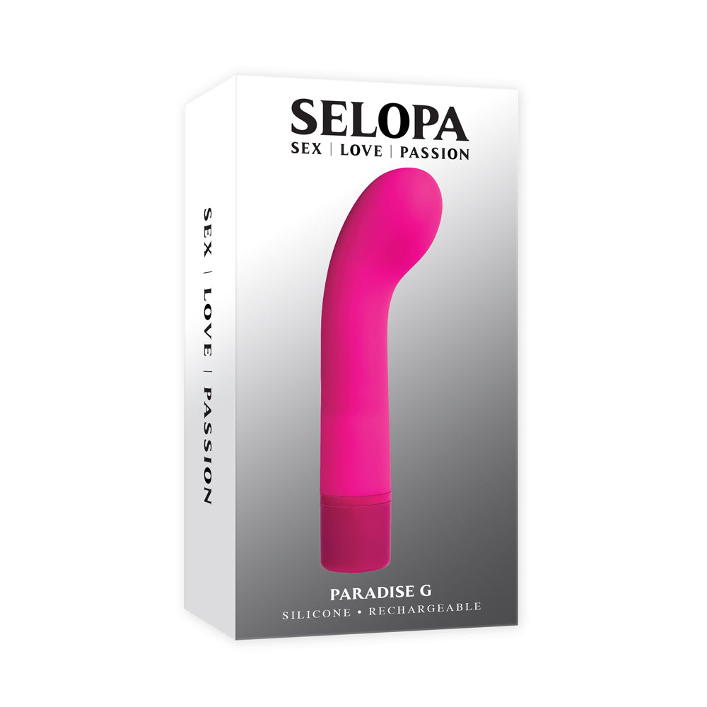 Selopa Paradise G Rechargeable G-Spot Vibrator Pink in sleek packaging, showcasing its ergonomic design and vibrant color.