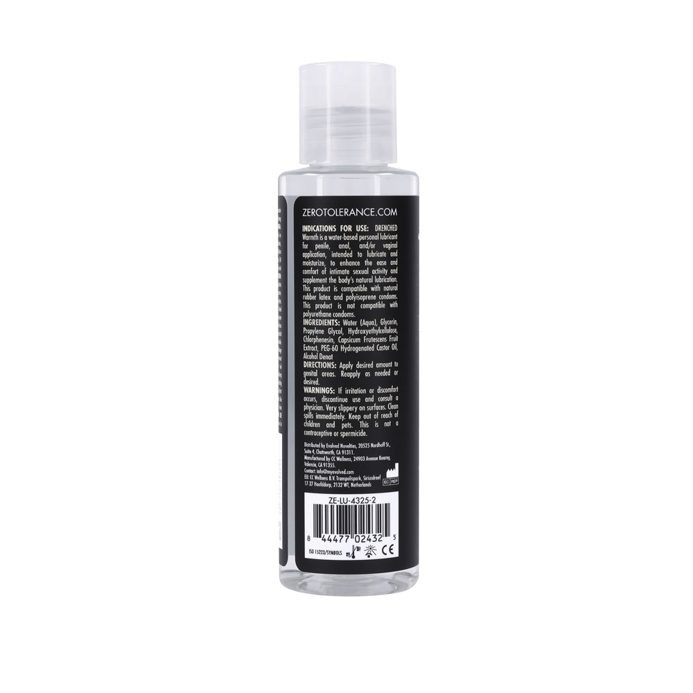 Back view of Drenched Warmth 4 Oz Water Based Lubricant bottle with usage instructions.