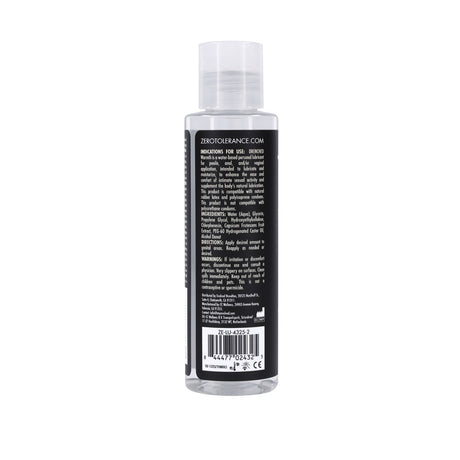 Back view of Drenched Warmth 4 Oz Water Based Lubricant bottle with usage instructions.
