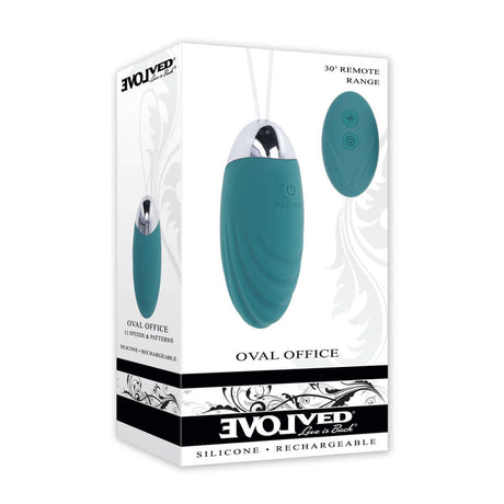 Oval Office Vibrating Egg with Remote Control Blue packaging showcasing design, features, and remote control functionality.