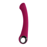 Pleasure Curve Silicone G-Spot Vibrator Red showcasing its sleek design and chrome-finished ring handle.