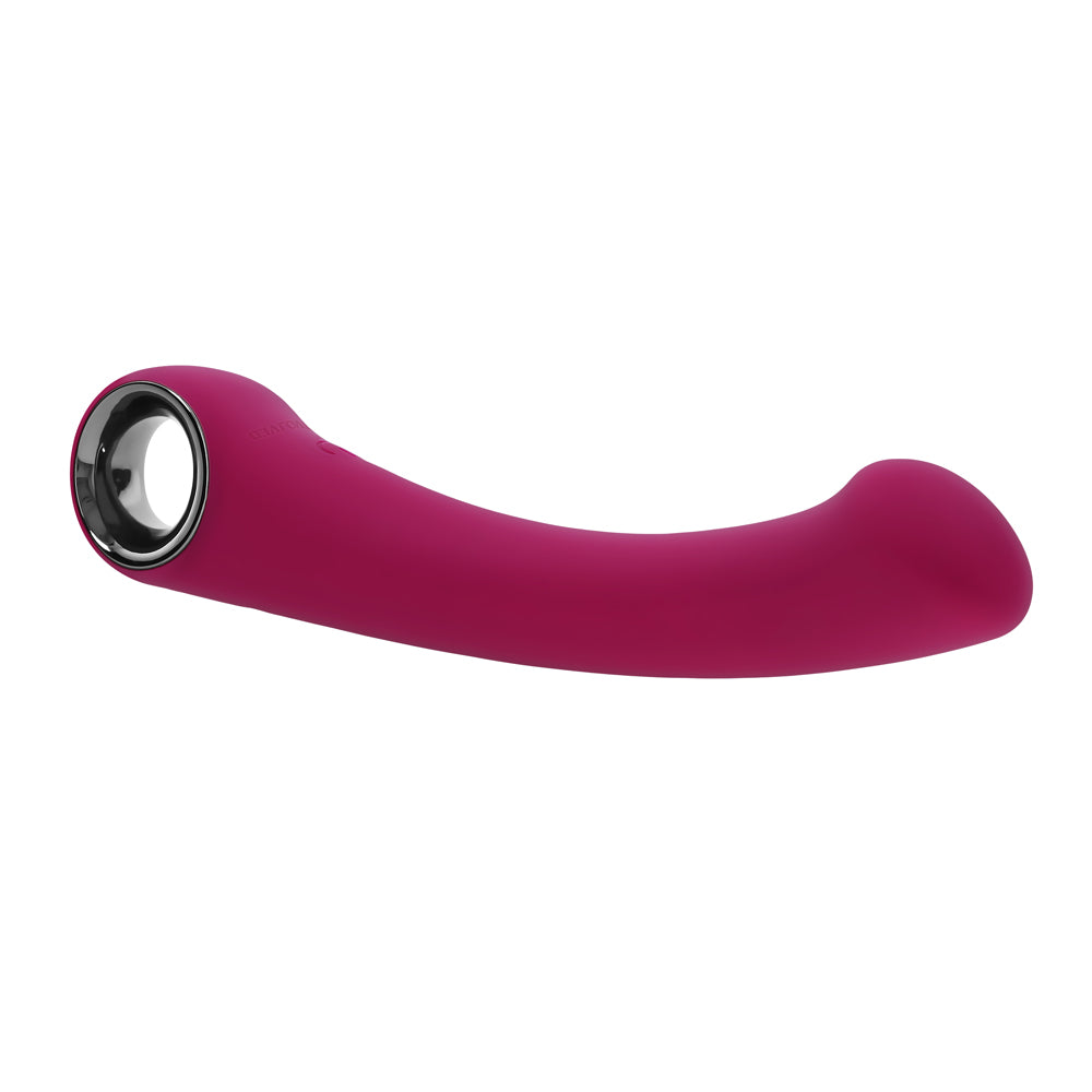 Pleasure Curve Silicone G-Spot Vibrator Red showcasing its unique design and flexible shaft for precise internal play.